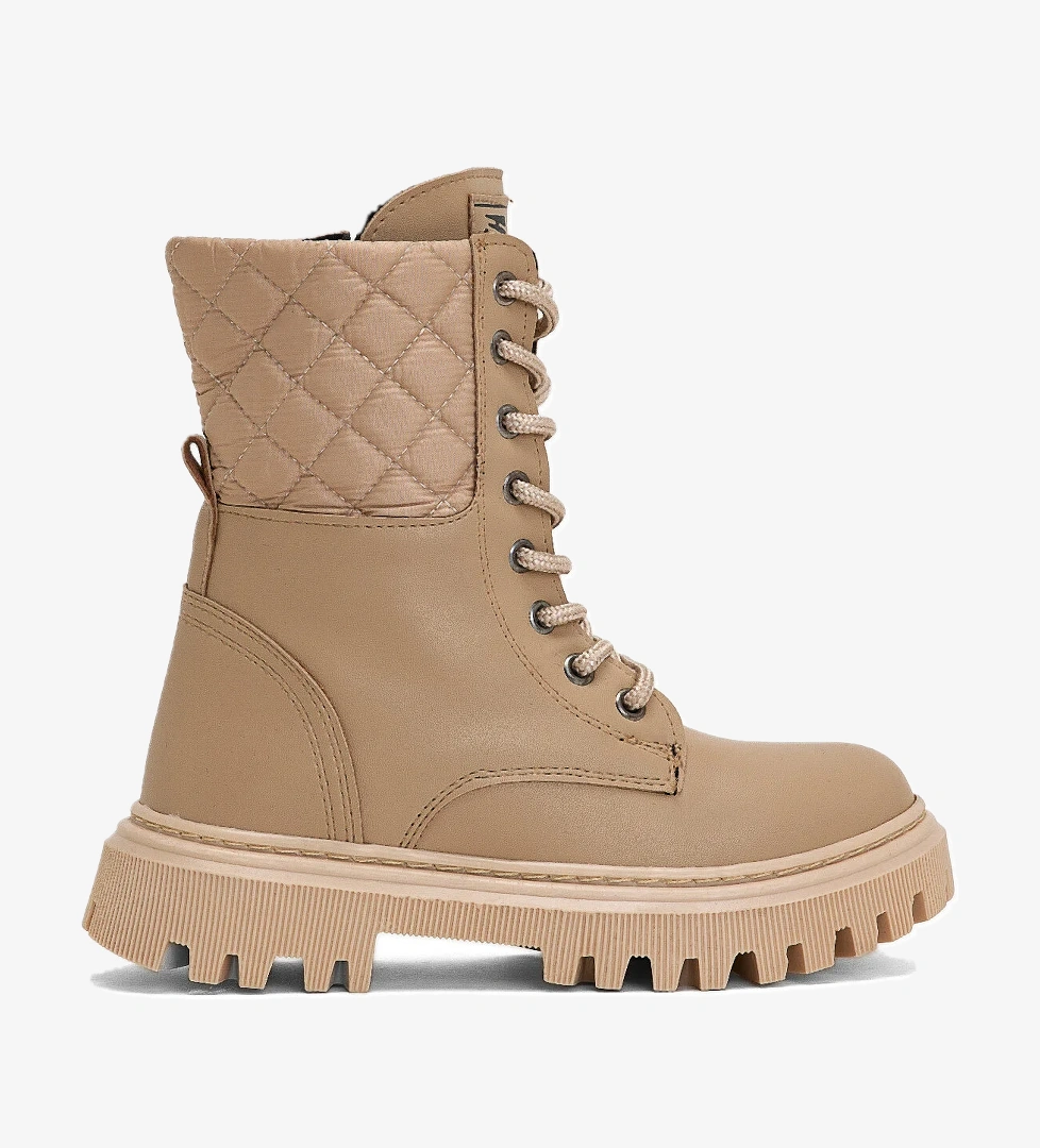 Kız Çocuk Bej Termo Taban Kapitone Detaylı Bağcıklı ve Fermuarlı Uzun Bot