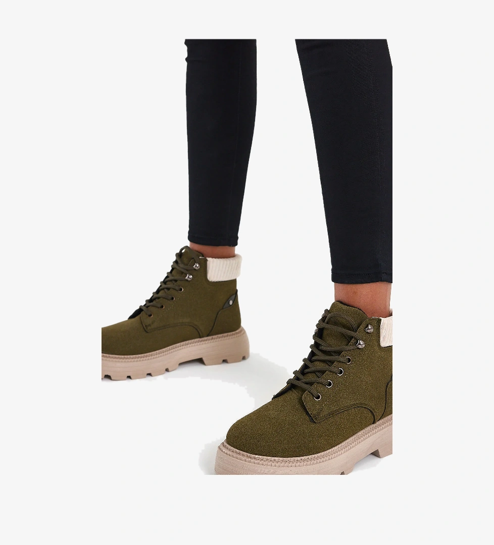 Kadın Haki Süet Kalın Poli Taban Bileği Lastikli Bağcıklı Bot