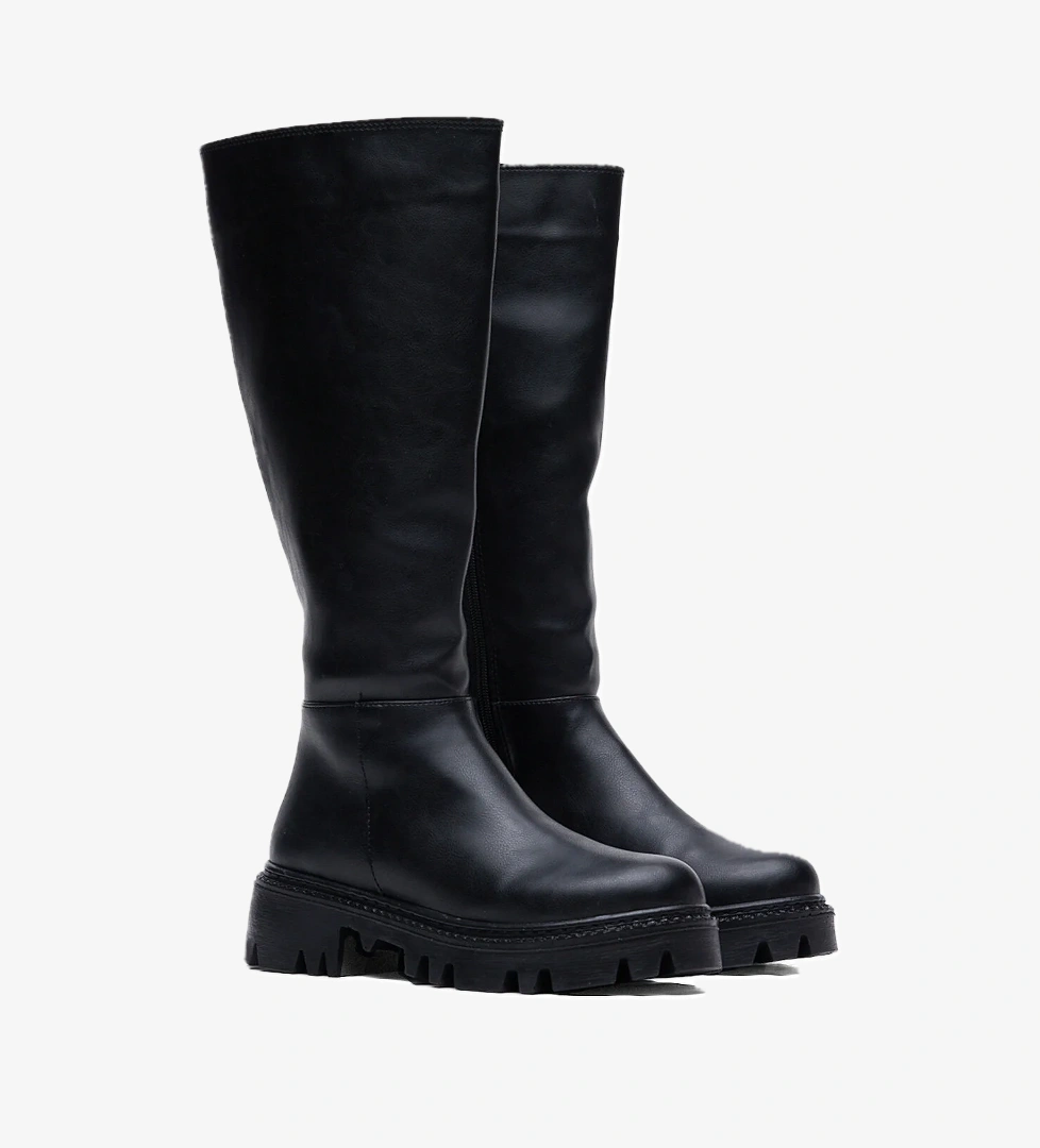 Kadın Siyah Cilt Rahat Kalıp Yüksek Taban Fermuarlı Çizme - Görsel 1