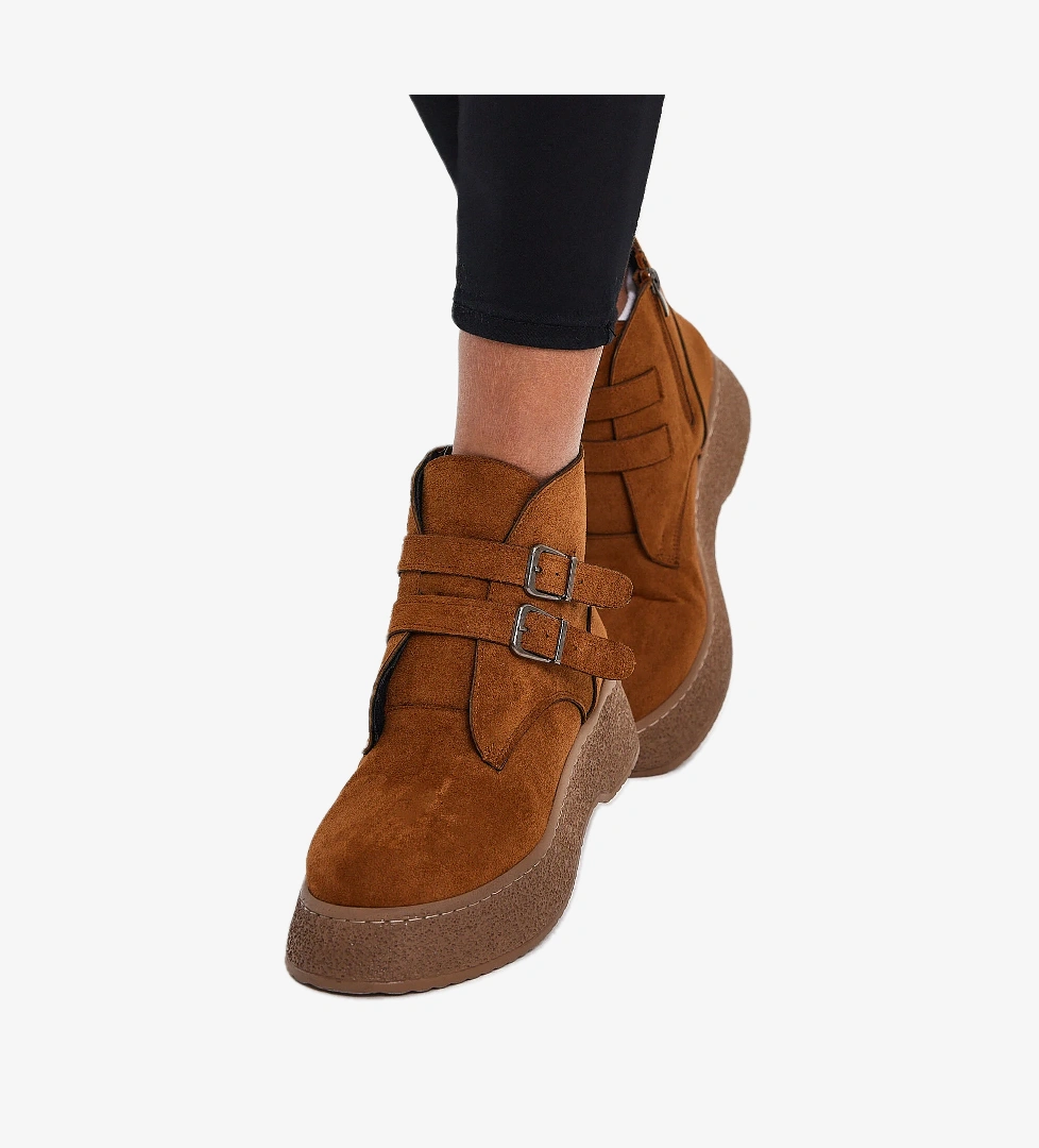 Kadın Taba Süet Rahat Kalıp Yüksek Taban Çift Tokalı Fermuarlı Bot