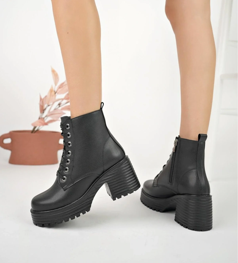 Muggo Grazi Garantili Kalın Taban Platform Topuklu Fermuarlı Bağcıklı Kadın Bot model görseli