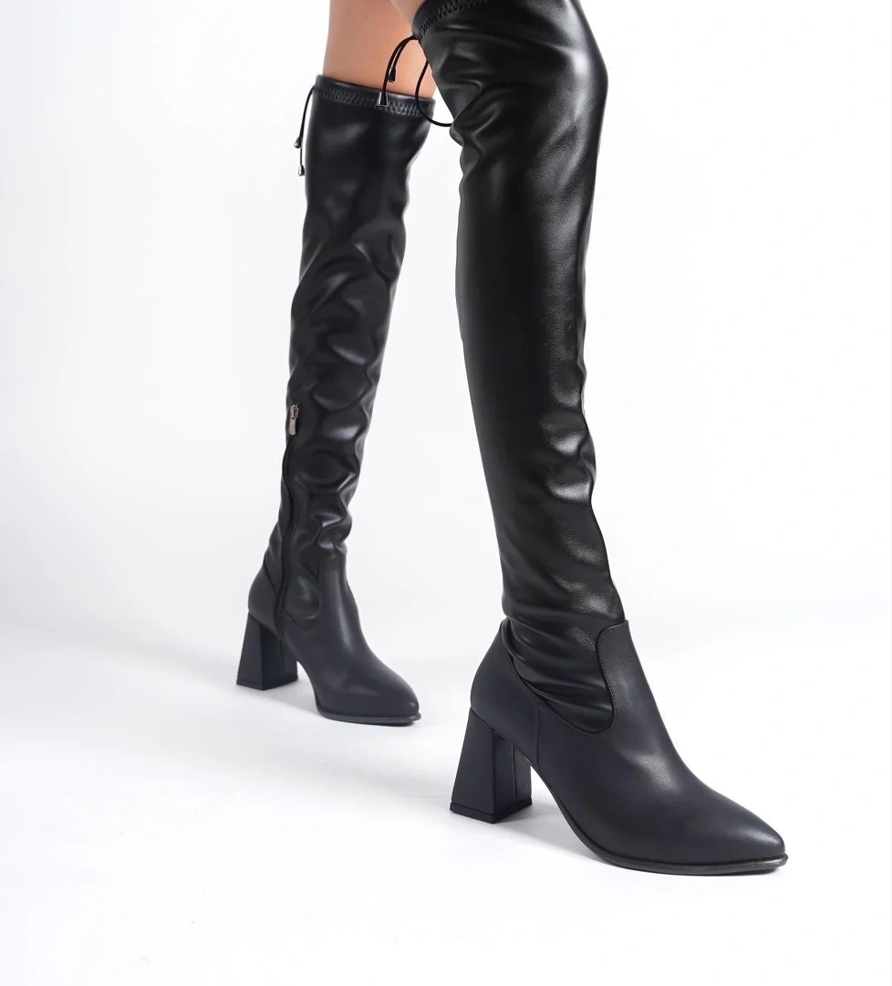 Khaiten Siyah Streç Dizüstü Kalın Topuklu Esnek Çorap Çizme - Görsel 1