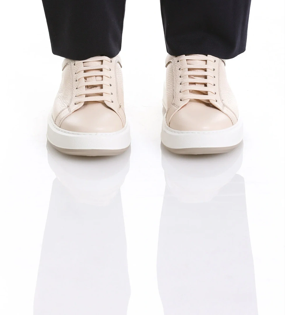 Bej Casual Bağcıklı Deri Sneakers - Görsel 1