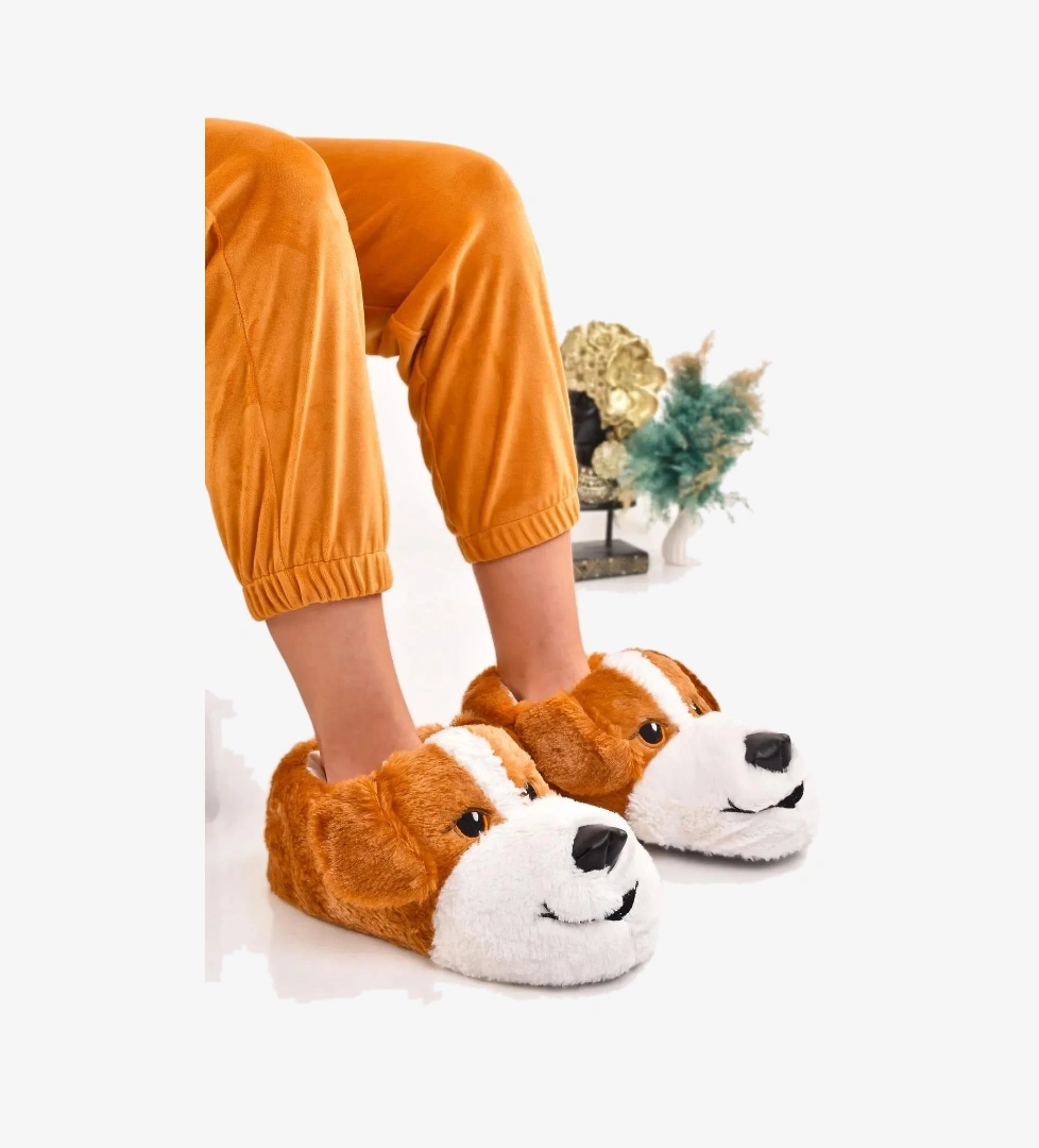 Unisex Köpek Figürlü Gri Taba Peluş Panduf Hayvanlı Ev Botu