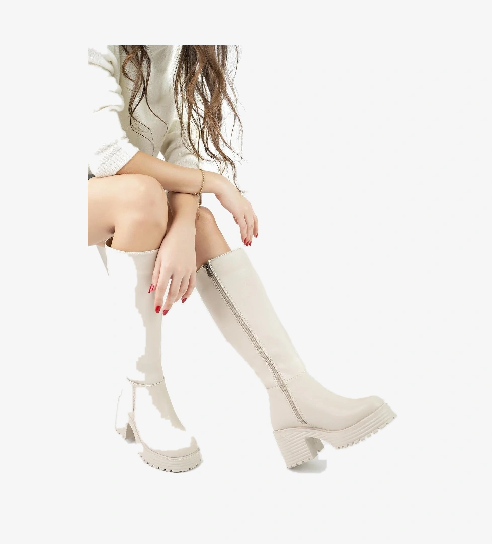 BONİTA Garantili Kalın Tırtıklı Taban Platform Topuklu Fermuarlı Kadın Çizme