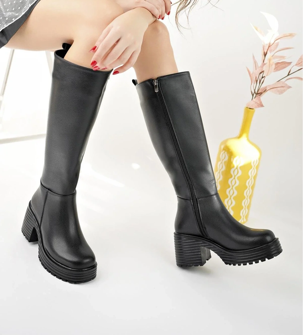 BONİTA Garantili Kalın Tırtıklı Taban Platform Topuklu Fermuarlı Kadın Çizme