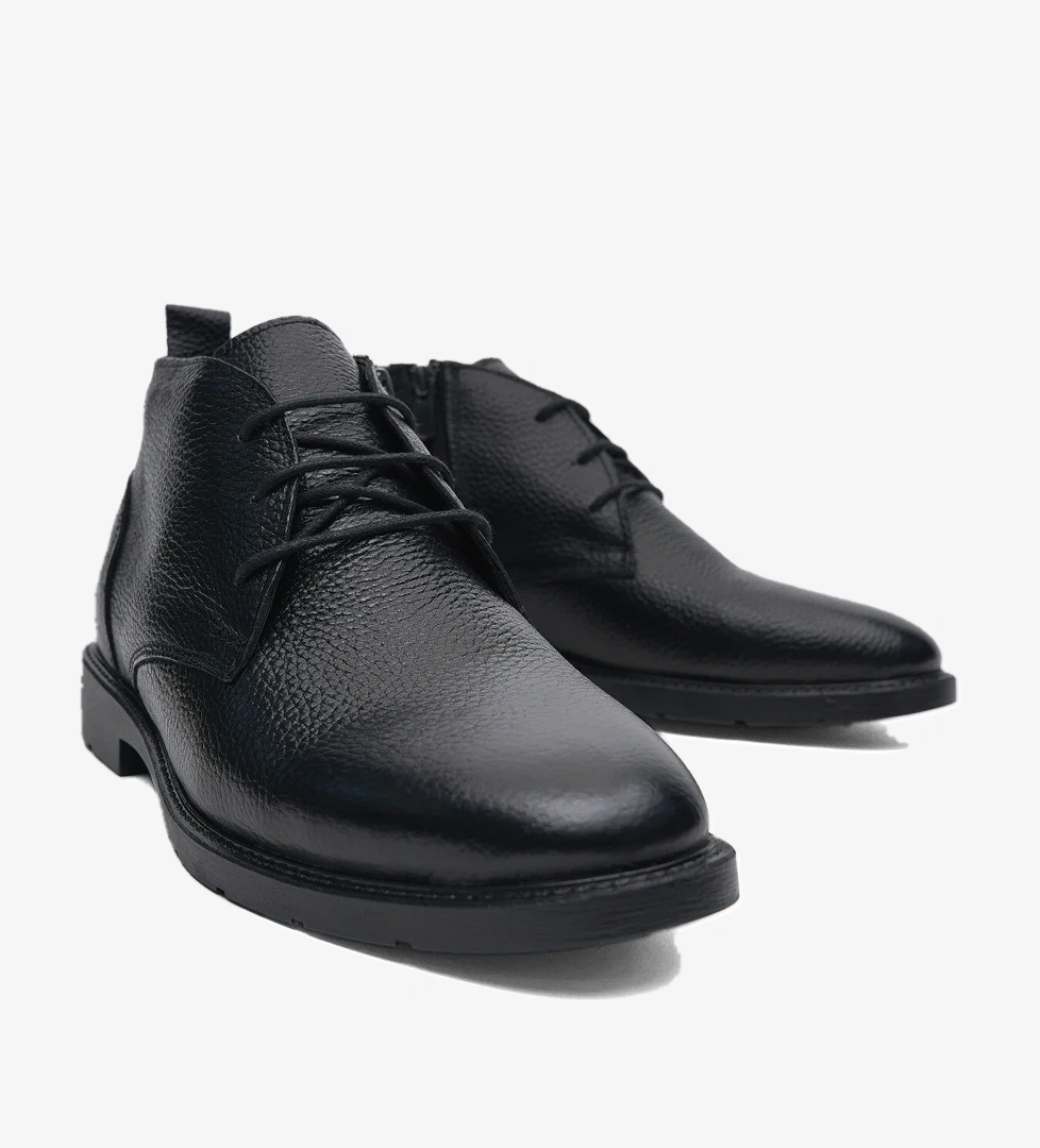 Erkek Siyah Rahat Kalıp Hakiki Deri Bağcıklı ve Fermuarlı Bot