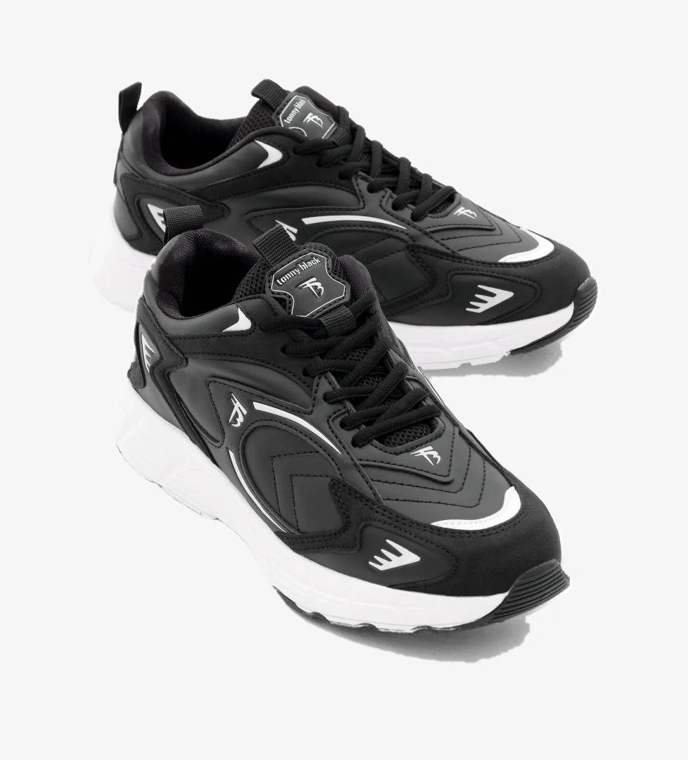 Unisex Siyah Cilt Rahat Kalıp Yüksek Faylon Taban Bağcıklı Spor Ayakkabı