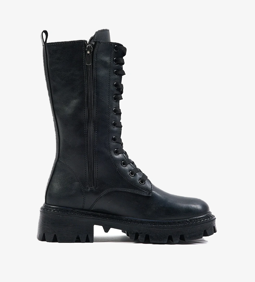 Kadın Siyah Cilt Rahat Kalıp Bağcıklı ve Fermuarlı Uzun Bot