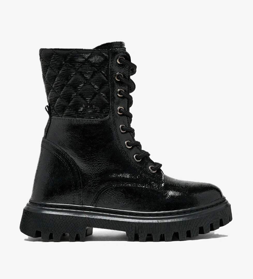 Kız Çocuk Siyah Rugan Termo Taban Kapitone Detaylı Bağcıklı ve Fermuarlı Uzun Bot