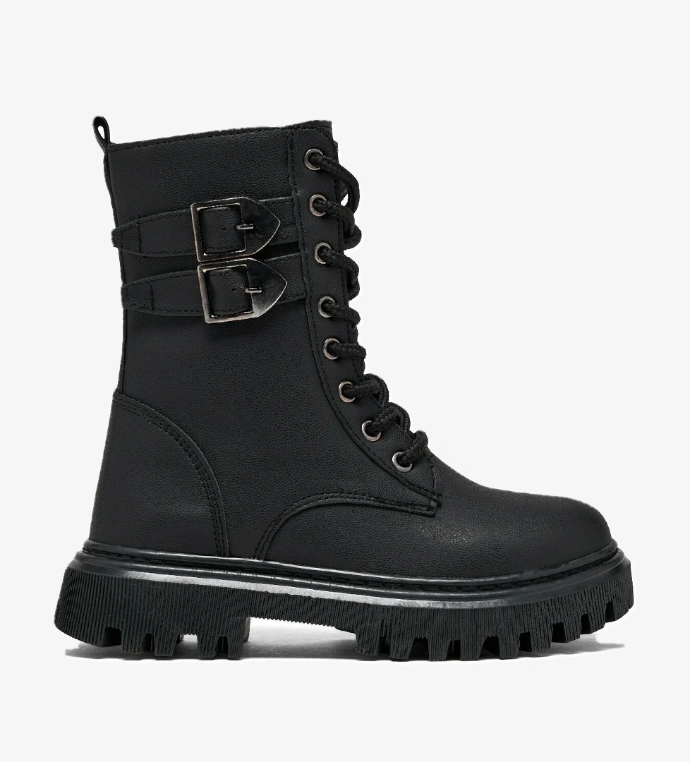 Kız Çocuk Siyah Cilt Termo Taban Kapitone Detaylı Bağcıklı ve Fermuarlı Uzun Bot - Görsel 1