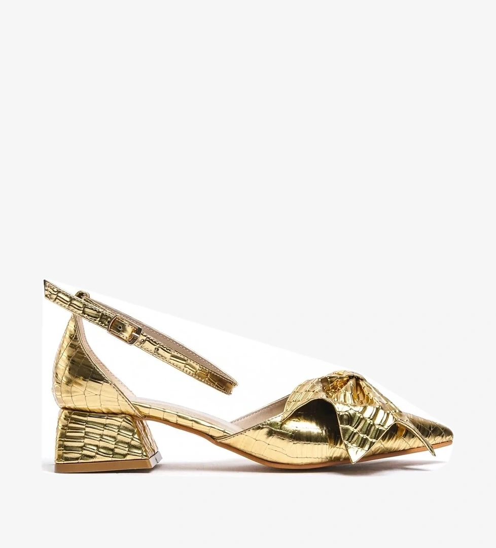 Lorenta Gold Fiyonklu (4cm) Sivri Burun Topuklu Ayakkabı