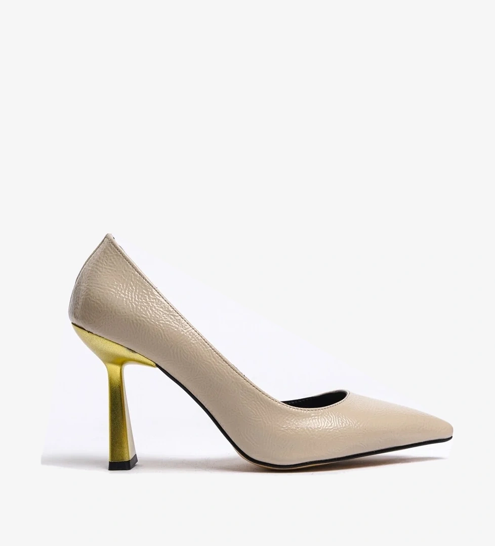 Scarlet Bej Kırışık Rugan (8cm) Topuk Boyu Günlük Kullanım Stiletto