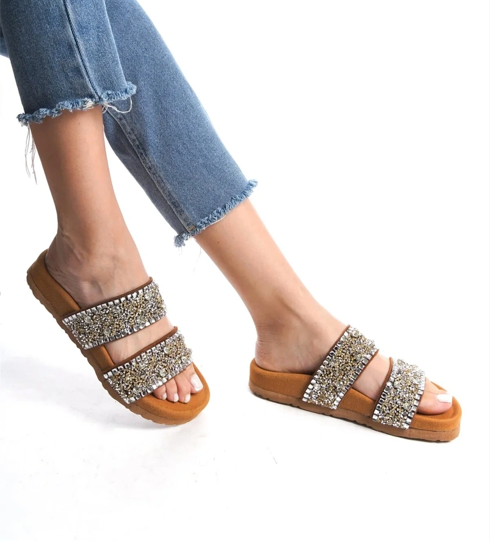 Zeyn 7866S Kadın Hakiki Deri Düz Terlik Taba