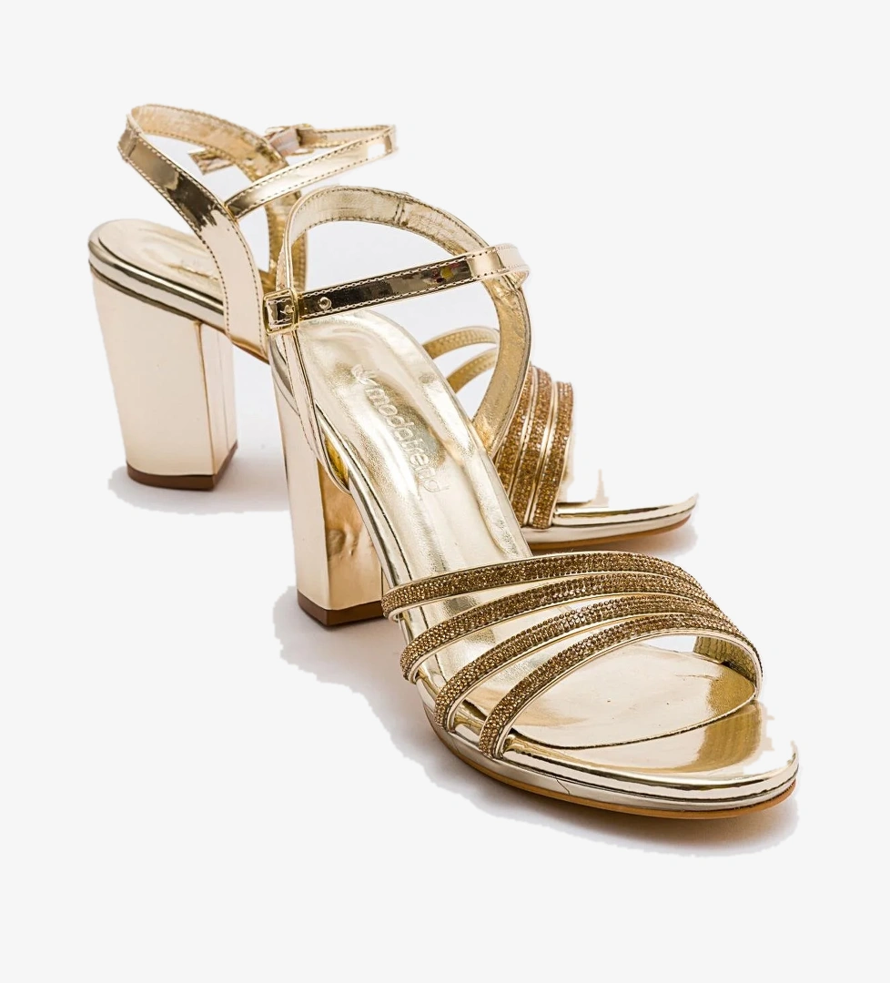 Kadın Çapraz Biyeli Taşlı Topuklu Sandalet ALTIN AYNA