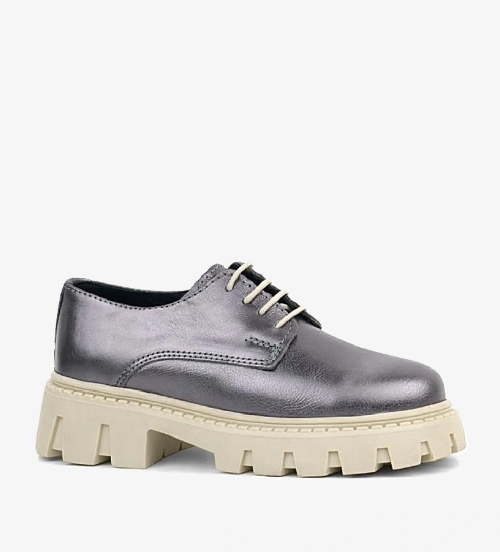 Platin Hakiki Deri Bağcıklı Kız Çocuk Oxford Okul Ayakkabı - Görsel 1