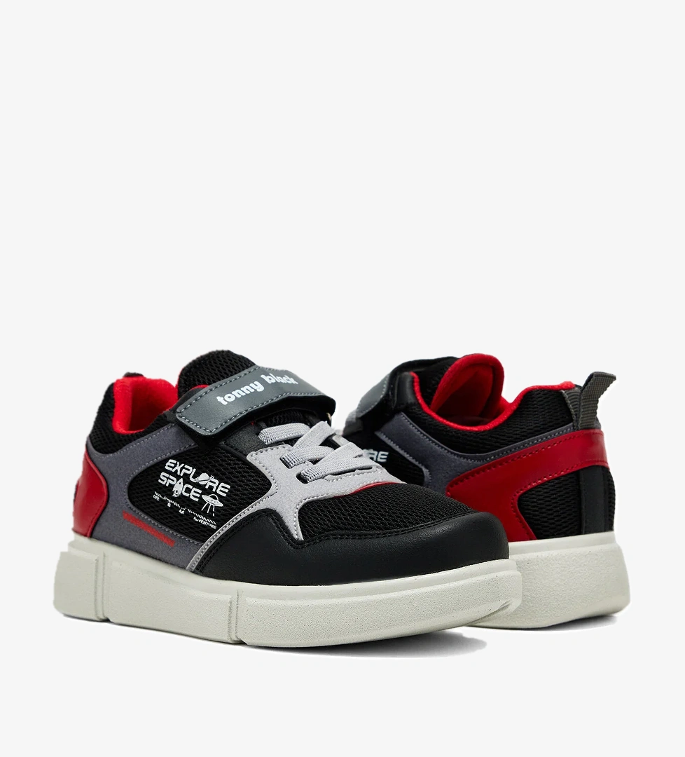 Çocuk Unisex Siyah Kırmızı Rahat Kalıp Cırtlı Ayakkabı