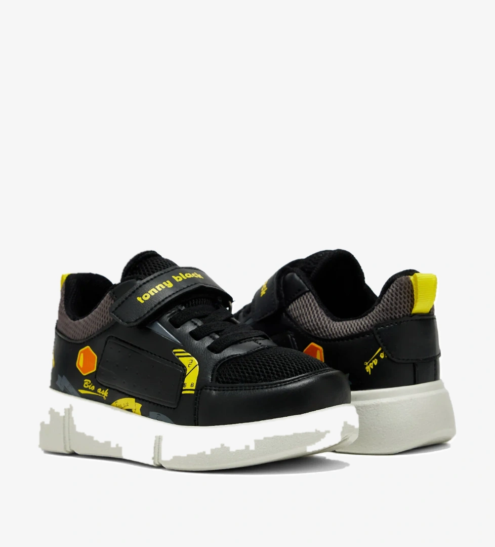 Çocuk Unisex Siyah Sarı Rahat Kalıp Cırtlı Ayakkabı