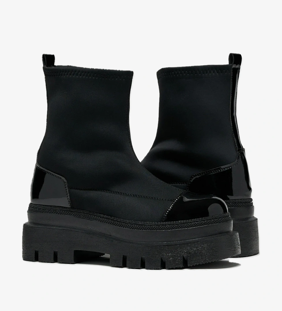 Kadın Siyah Rugan Rahat Kalıp Yüksek Taban Streç Çorap Bot - Görsel 1