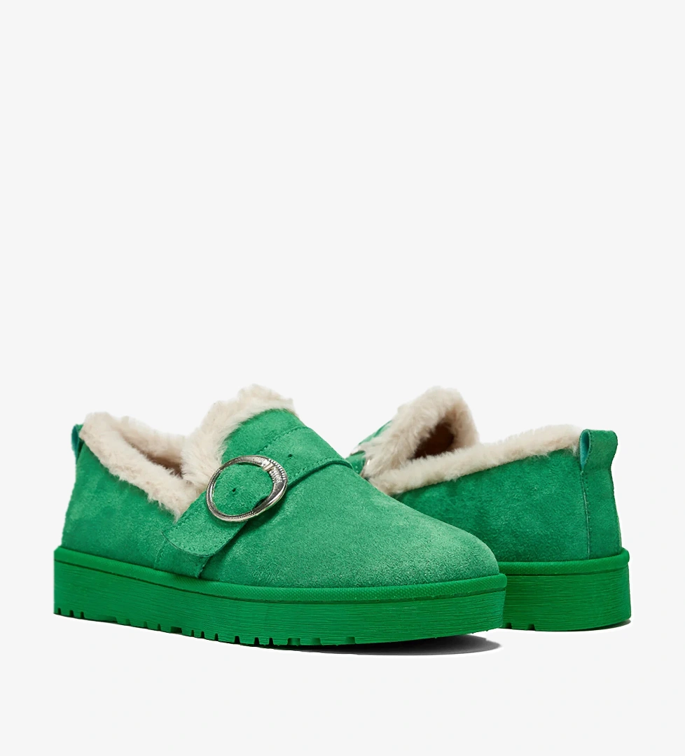 Kadın Yeşil Süet Rahat Kalıp İçi Kürklü Tokalı Kısa Bot