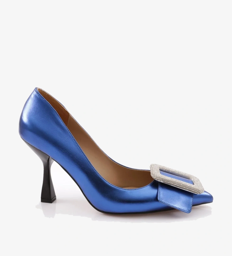 2076 Kadin Sivri Burun Silver Taşli Kemer Tokali Topuklu Ayakkabi - Görsel 1