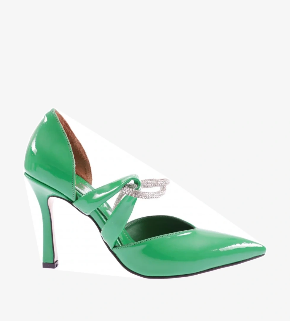 7706-23Y Kadin Sivri Burun Parmak Dekolteli Yanlar Açik Taşli Bant Atmali Topuklu Ayakkabi