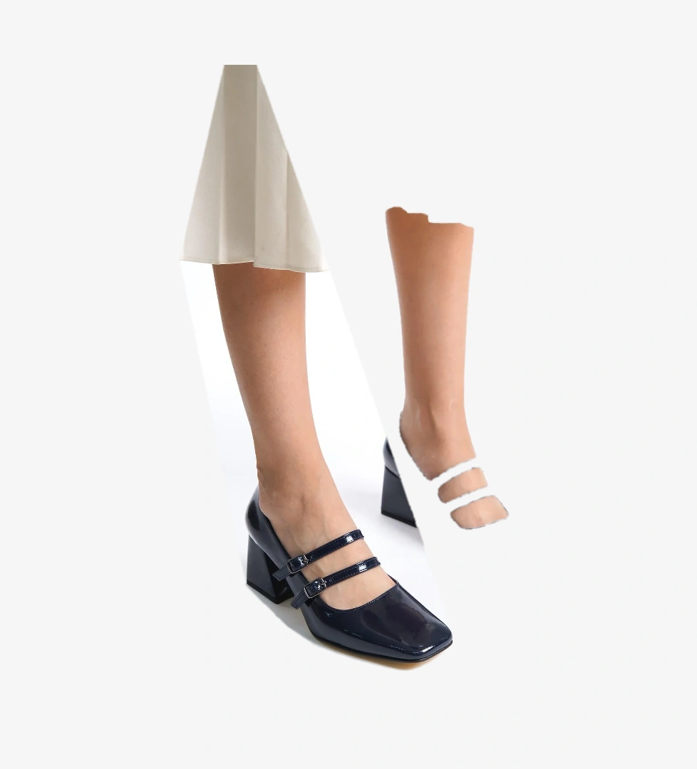 Culia Lacivert Rugan Mary Jane Çift Bant Küt Burun Topuklu Ayakkabı