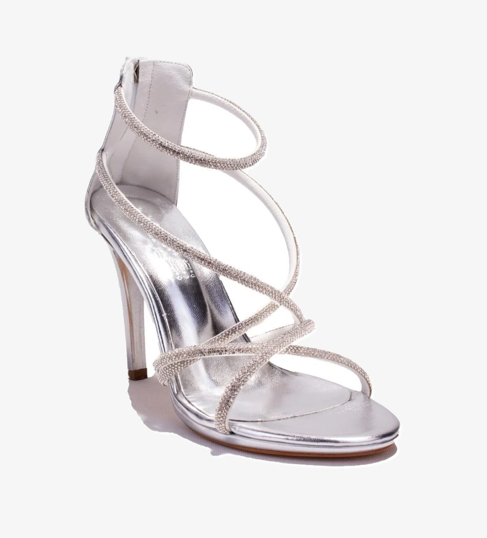 DZA07-337182 Gümüş Taşlı Abiye Topuklu Kadın Ayakkabı