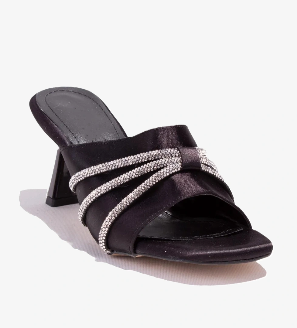 DZA07-1125031 Siyah Saten Taşlı Abiye Topuklu Kadın Terlik - Görsel 1