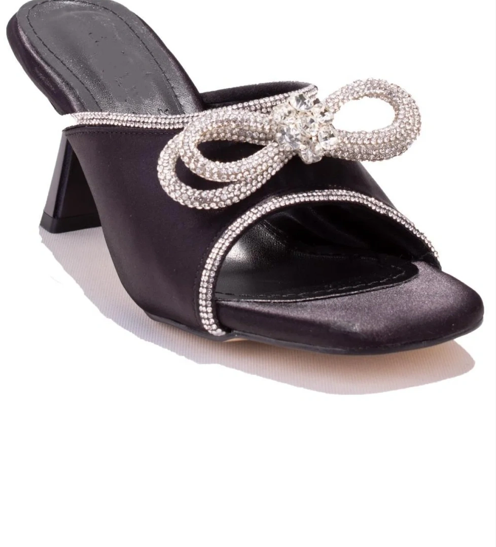 DZA07-1125029 Siyah Saten Abiye Topuklu Kadın Terlik - Görsel 1