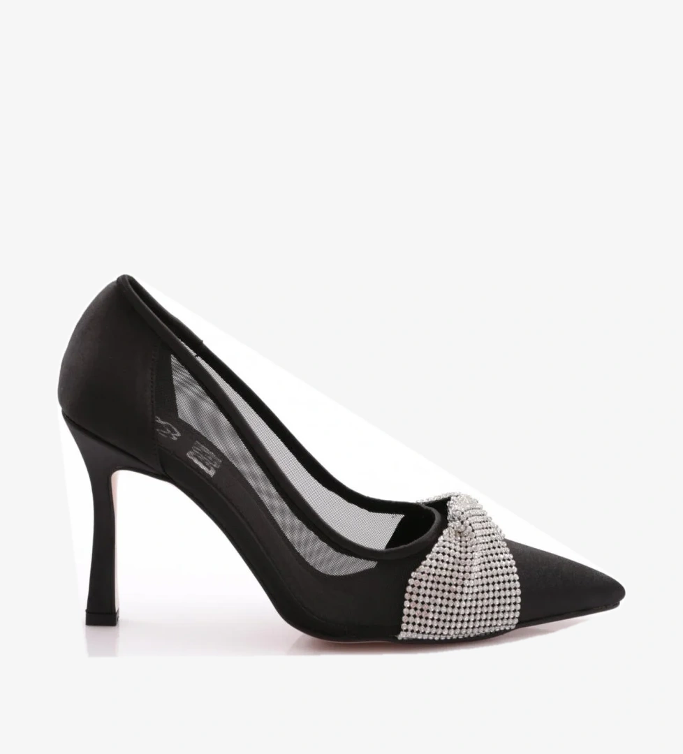 Dgn 7701 Kadin Sivri Burun Parmak Dekolteli Ayna Aksesuar Detayli Yan Fileli Topuklu Ayakkabi model görseli