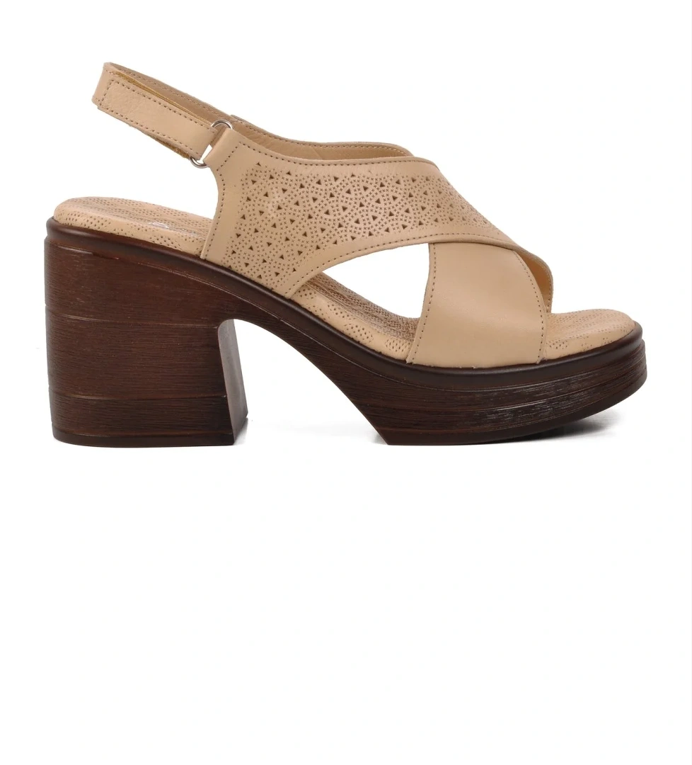 523001 Bej Hakiki Deri Kadın Topuklu Sandalet - Görsel 1