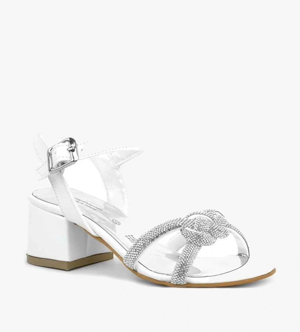 Hapshoe Kids Beyaz Örgü Taşlı Kız Çocuk Abiye Kalın Topuklu Ayakkabı model görseli