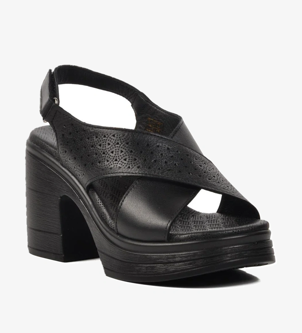 523001 Siyah Hakiki Deri Kadın Topuklu Sandalet - Görsel 1