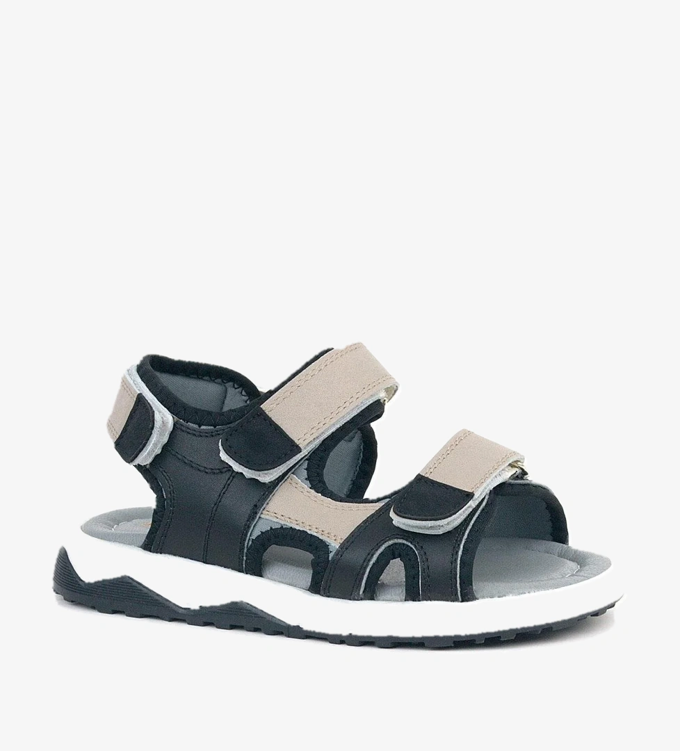 Hakiki Deri Siyah Kum Rengi Cırtlı Çocuk Sandalet - Görsel 1