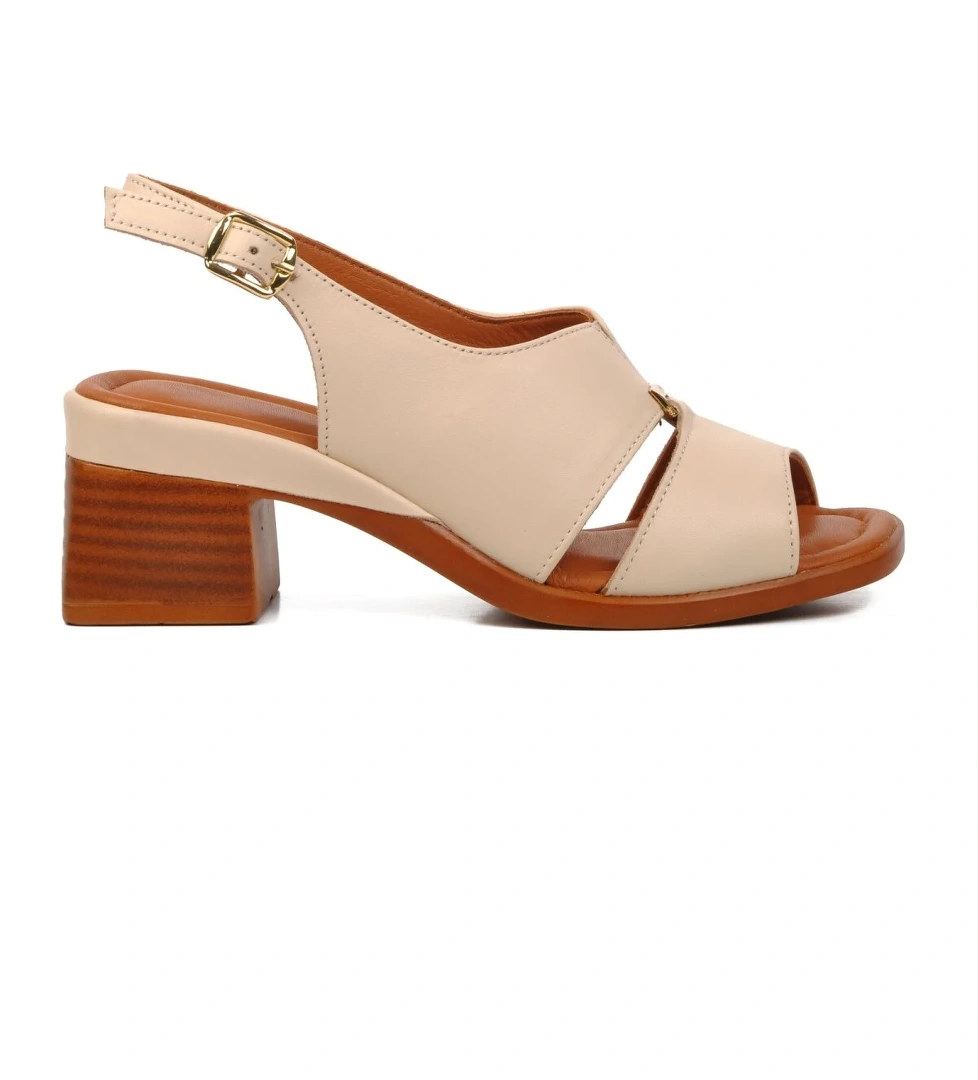 2311510Y Bej Hakiki Deri Kadın Topuklu Sandalet