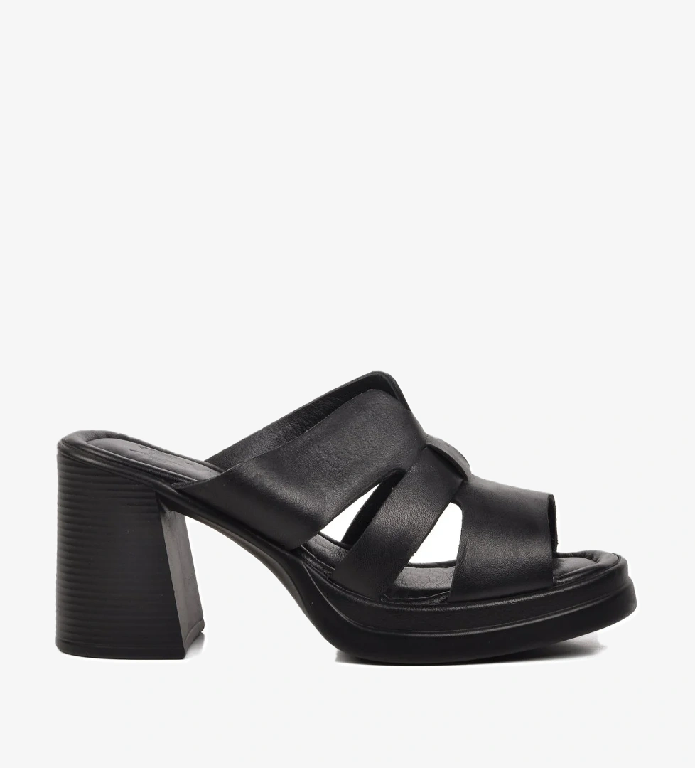 2413403Y Siyah Hakiki Deri Kadın Topuklu Terlik - Görsel 1