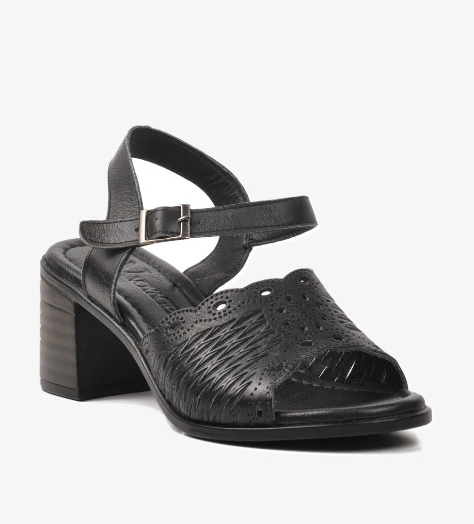9758 Siyah Hakiki Deri Kadın Topuklu Sandalet