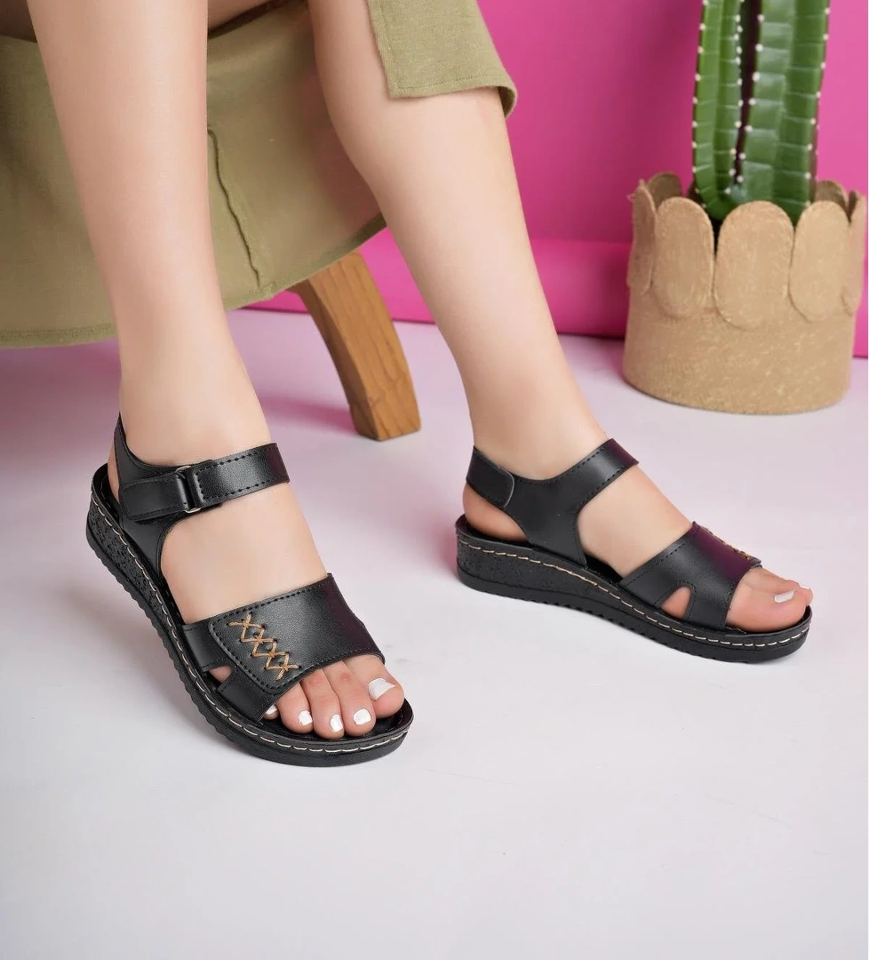 SALVA Garantili Ortopedik Rahat Kalıp Deri Görünümlü Cırtlı Tek Bant Kadın Sandalet