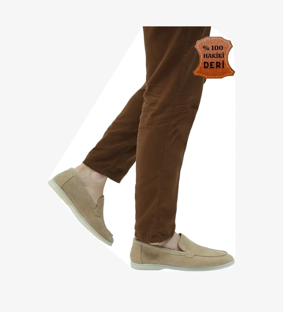 Erkek Hakiki Deri Nubuk Leofar Ayakkabı BEJ