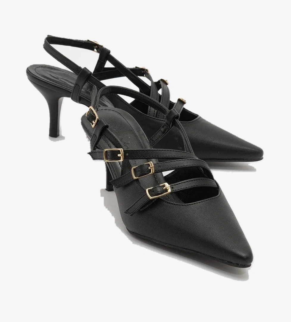 Kadın 4 Tokalı Topuklu Ayakkabı SİYAH CİLT