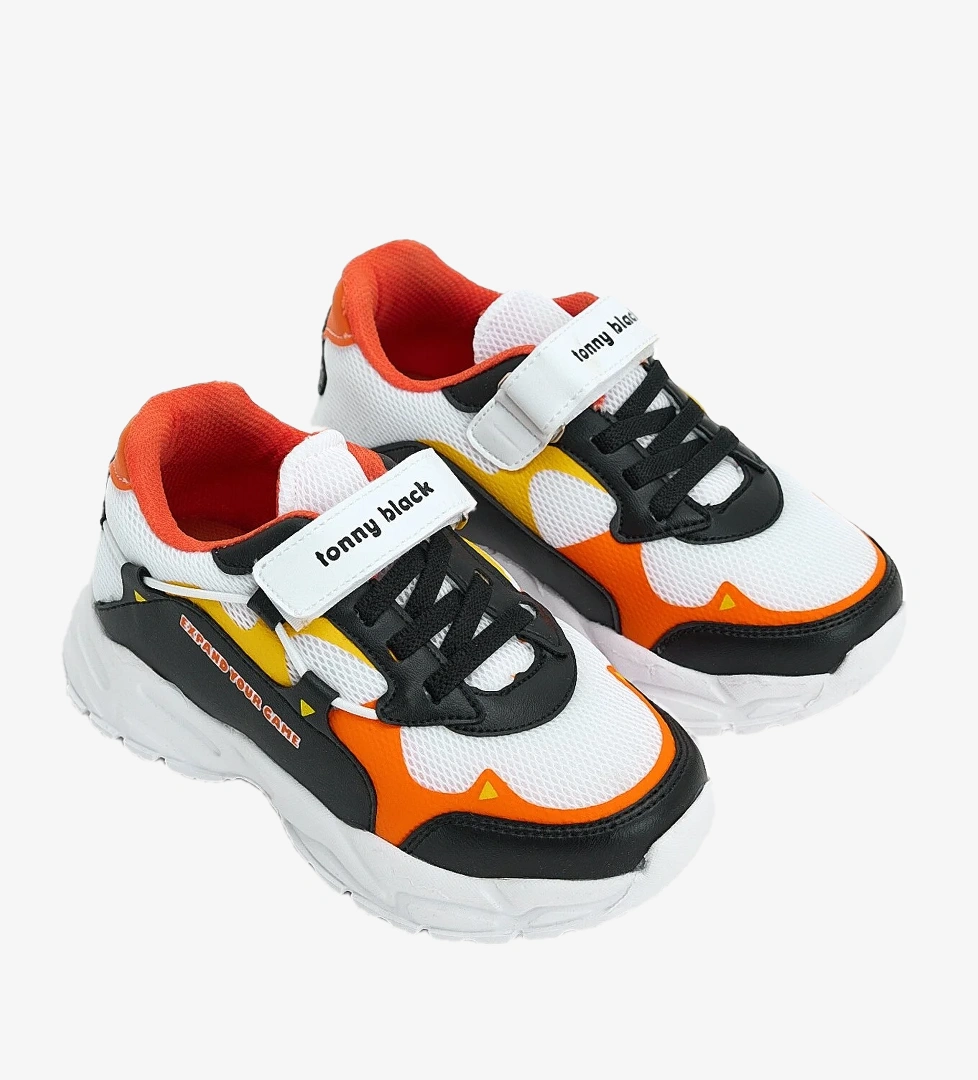 Tonny Black Çocuk Unisex Siyah Beyaz Portakal Faylon Taban Rahat Kalıp Cırtlı Çocuk Ayakkabı model görseli