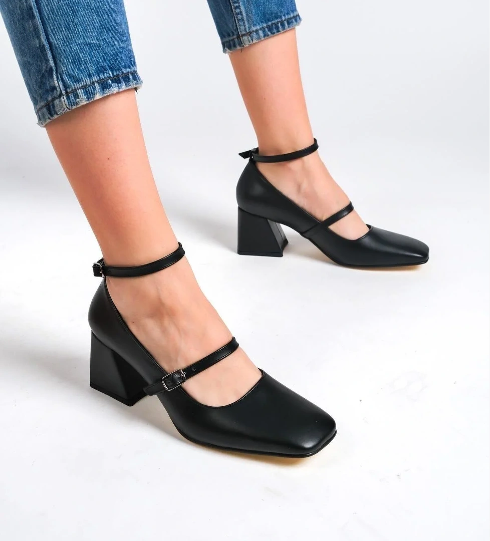 Modabuymuş Kulia Siyah Ten Mat Mary Jane Küt Burun Bantlı Ayakkabı model görseli