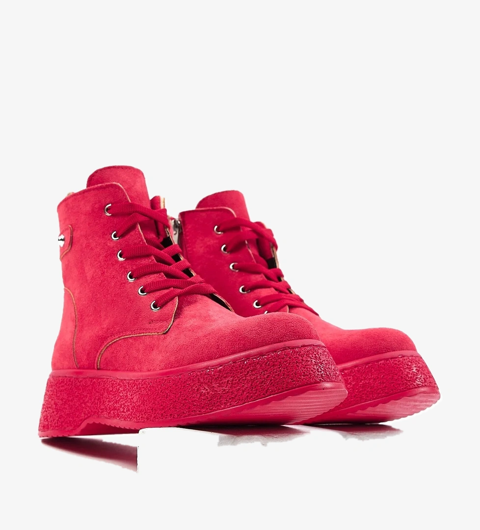 Kadın Kırmızı Süet Yüksek Poli Taban Bağcıklı Süet Bot - Görsel 1