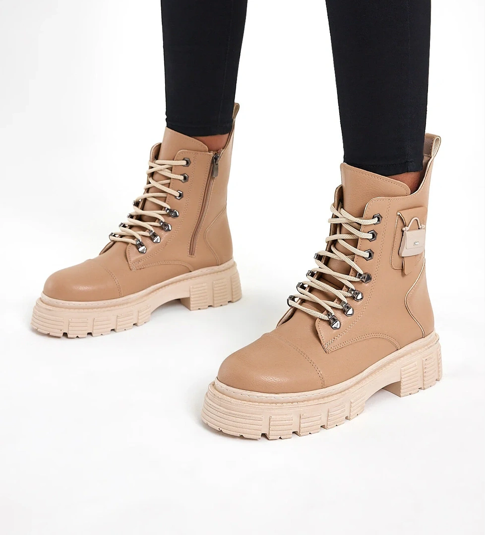 Kadın Nude Cilt Rahat Kalıp Yüksek Taban Tokalı Bağcıklı ve Fermuarlı Bot