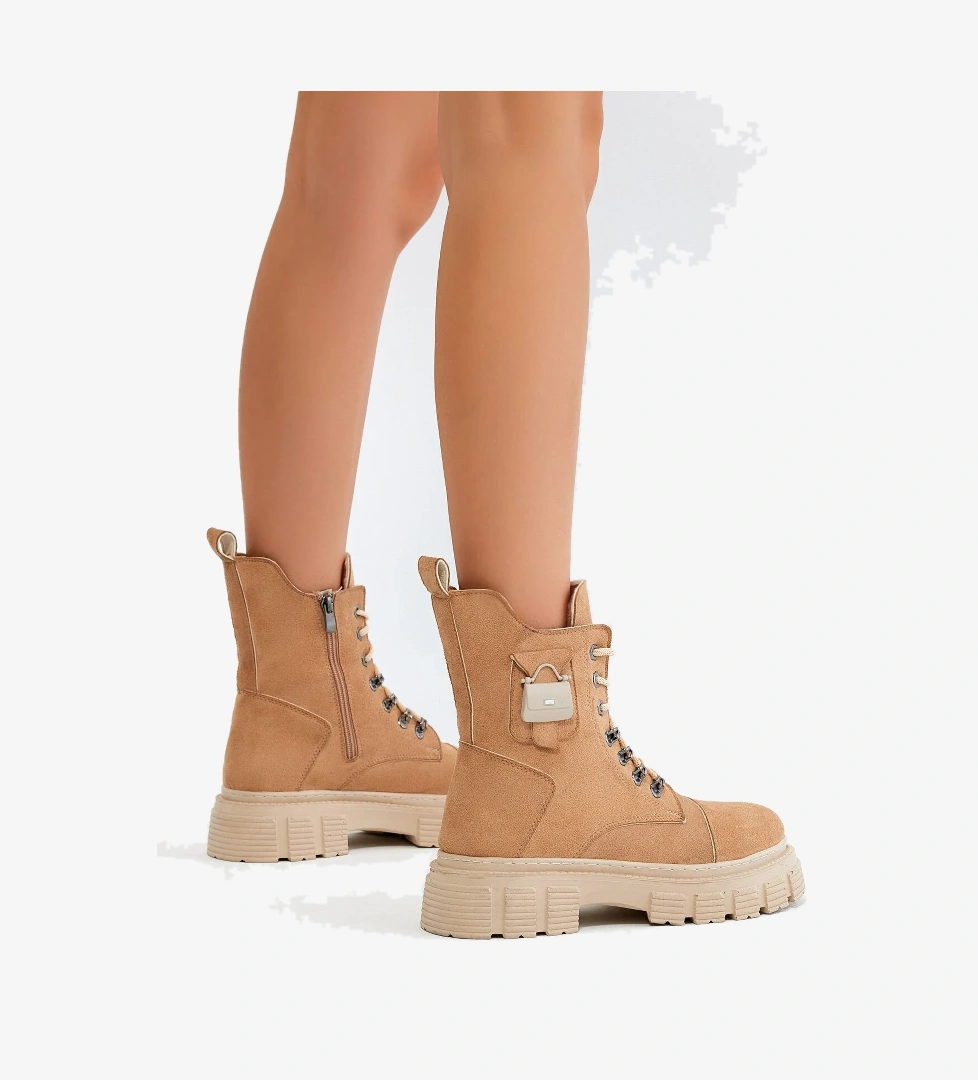 Kadın Nude Süet Rahat Kalıp Yüksek Taban Tokalı Bağcıklı ve Fermuarlı Bot