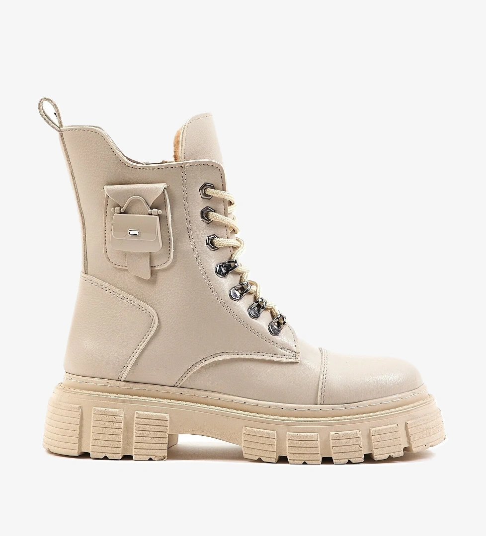 Kadın Bej Cilt Rahat Kalıp Yüksek Taban Tokalı Bağcıklı ve Fermuarlı Bot