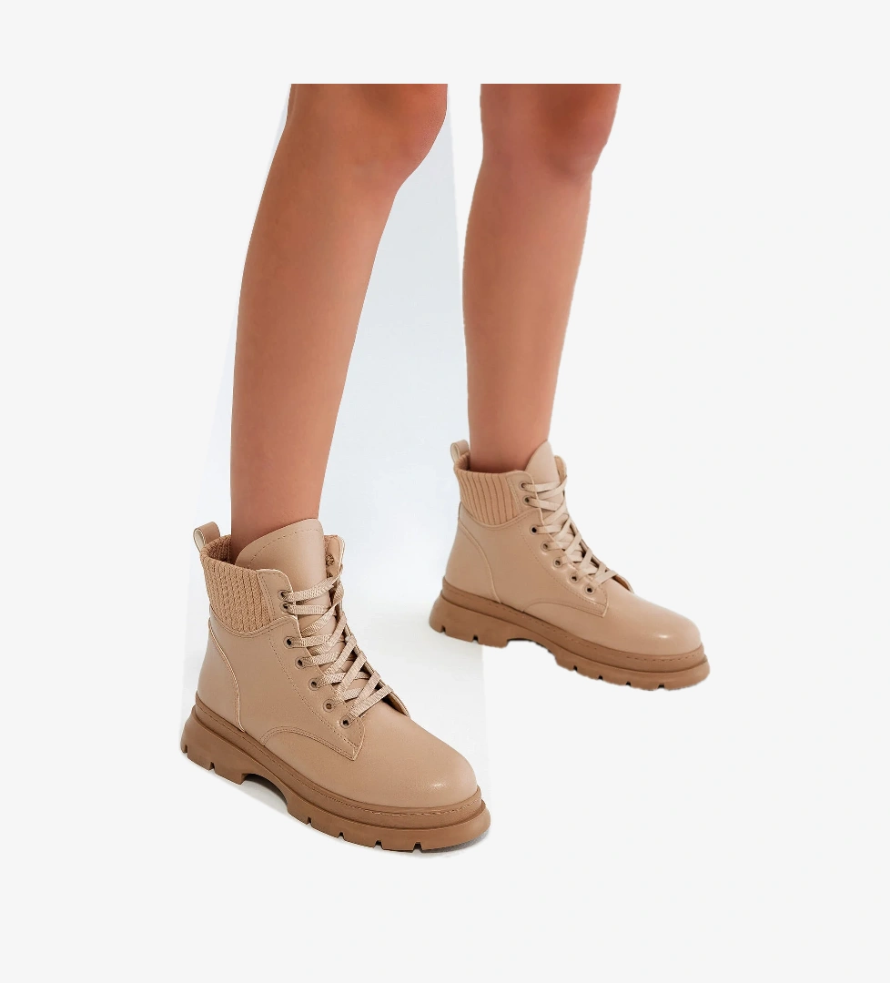 Kadın Nude Cilt Kalın Termo Taban Bileği Lastikli Bağcıklı Bot