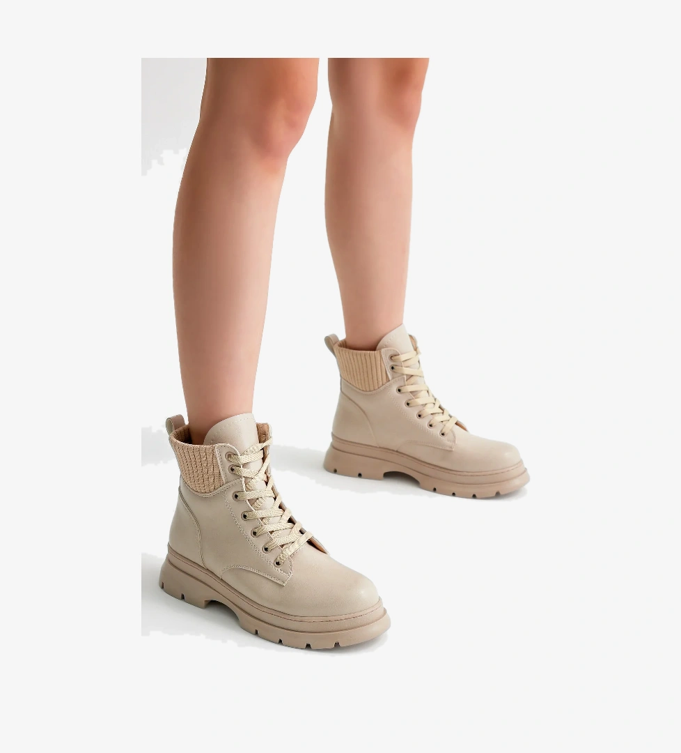 Kadın Bej Cilt Kalın Termo Taban Bileği Lastikli Bağcıklı Bot - Görsel 1