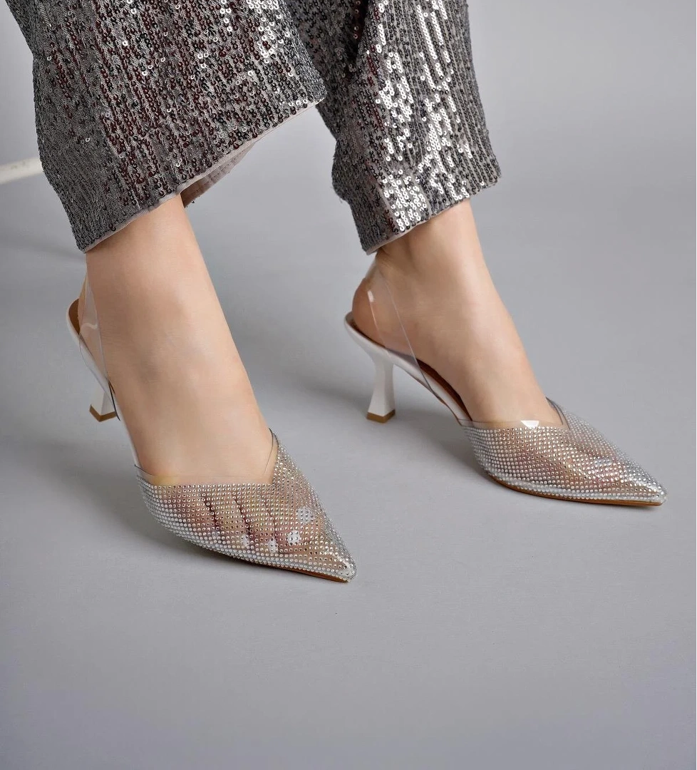 JULİET Garantili Kadın Sivri Burun Parlak Taşlı Arkası Açık Şeffaf Bantlı Topuklu Ayakkabı